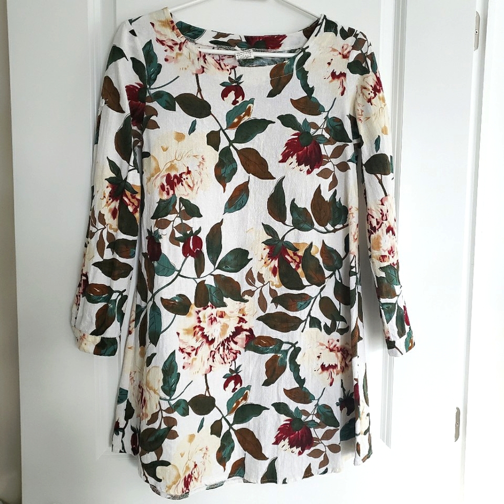 Yuzao Linen Blend Floral Print Tunic Dress Size Medium